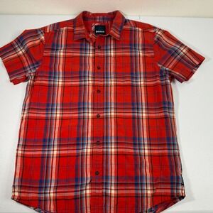 Prana‎ Mens Plaid Short Sleeve Button Up Shirt Size Medium Organic Cotton Blend